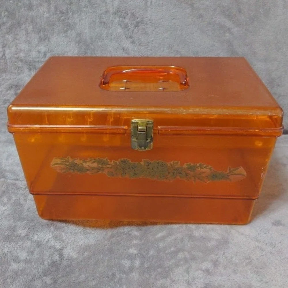 Vtg Wil-Hold Amber Orange Translucent Plastic Sewing Box MCM Case Gold Floral